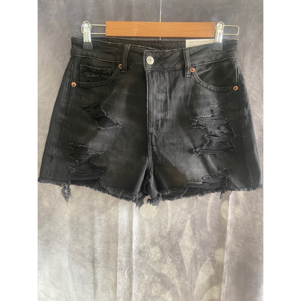 American Eagle Mom Shorts High Rise Distressed Black Denim Size 4‎ 27W Grunge